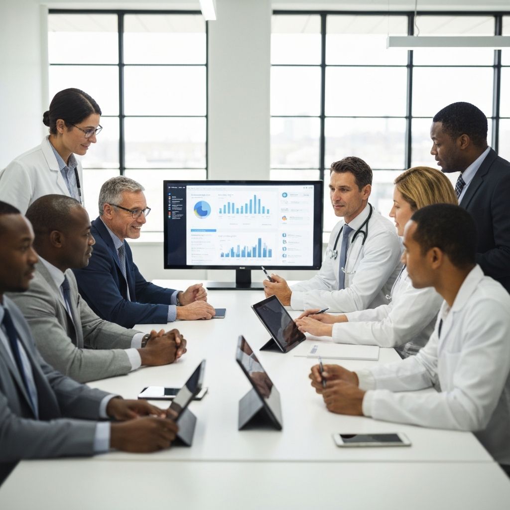 Diverse group of clinicians collaborating on predictive analytics